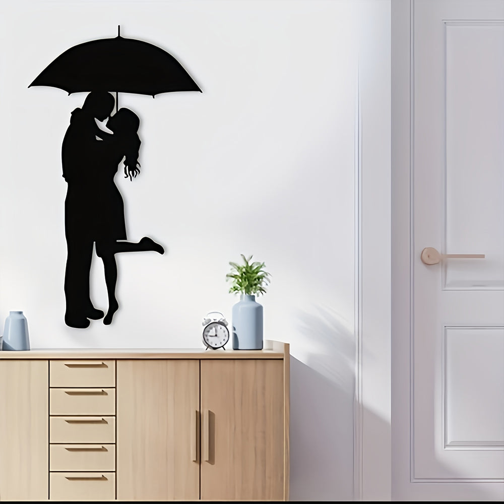 Schwarzes Paar Küssen Unter Regenschirm Metall Wanddekoration