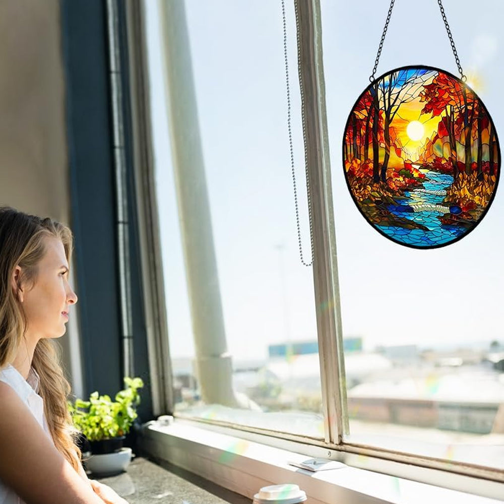 Bäume und Flüsse beim Sonnenaufgang Sonnenfänger Gemalte Fensterdekorationen Dekohänger für Fenster