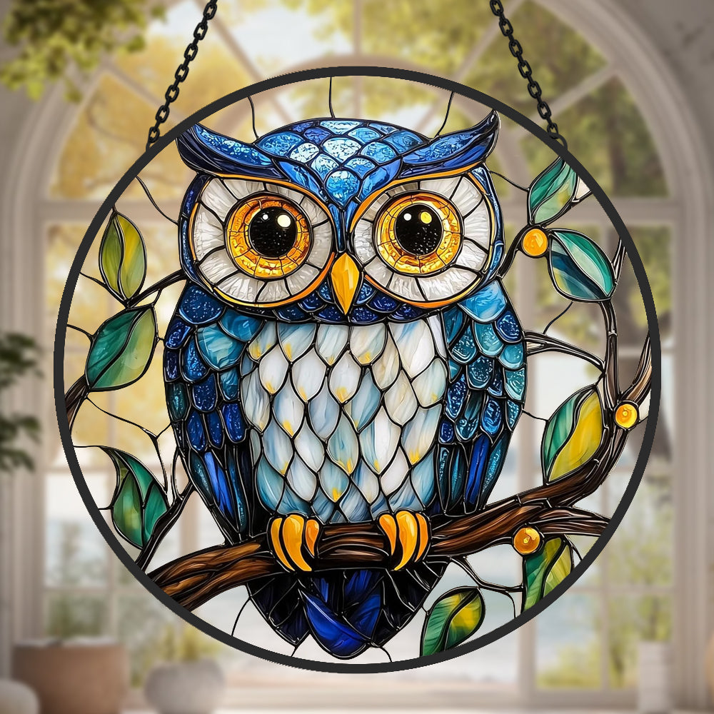 Handgefertigter Buntglas-Sonnenfänger Eule – 30,5 Cm, Bunt, Inkl. Kette