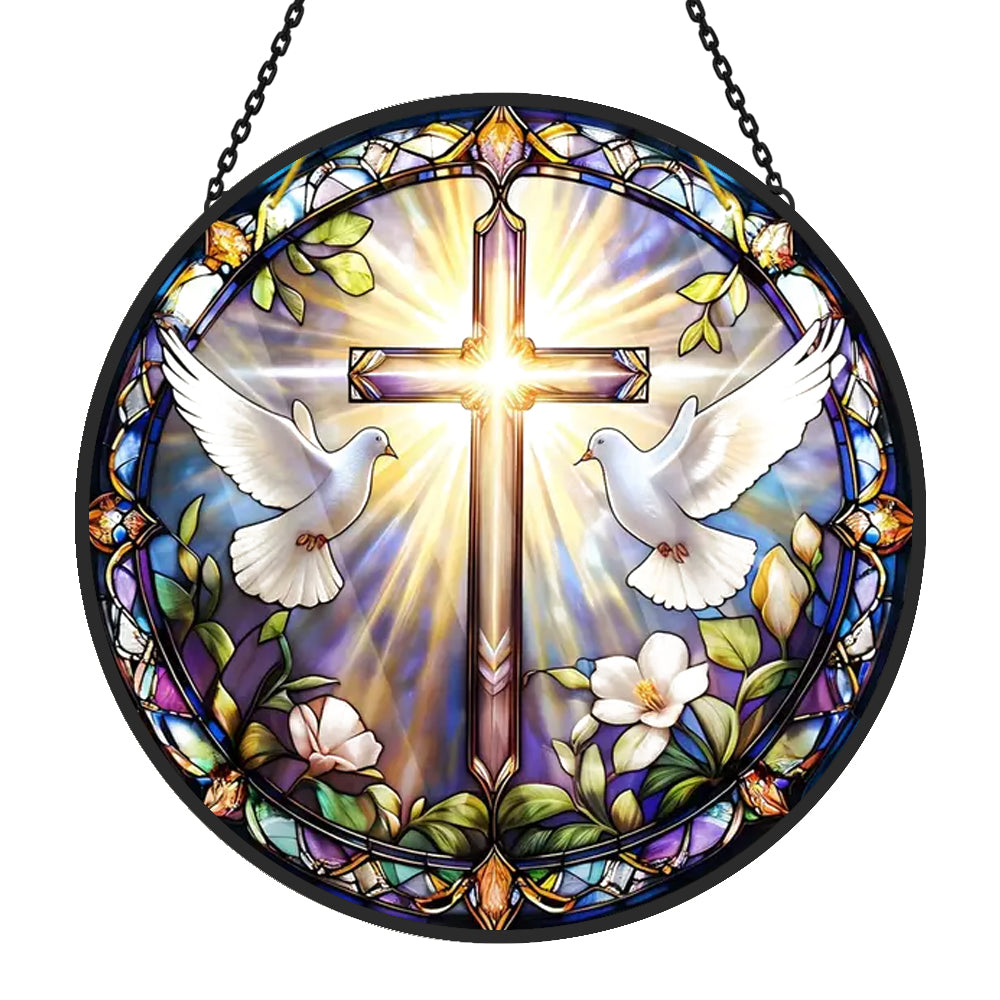 Weiße Taube und Kreuz Sonnenfänger Gemalte Fensterdekorationen Dekohänger für Fenster