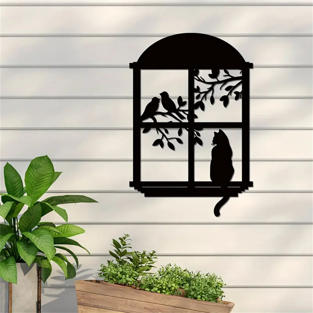Katze und Vogel auf Dem Baum Fenster Metall Wandkunst