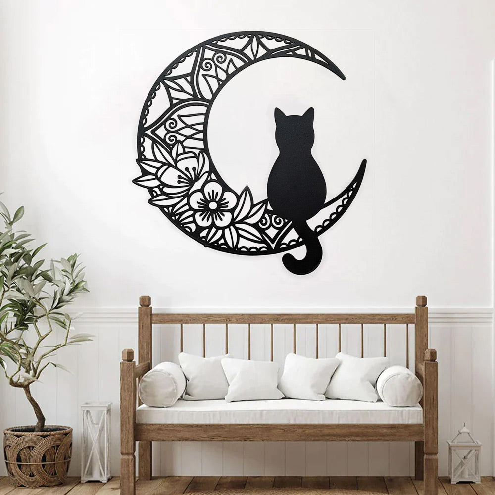 Schwarze Katze und Mond Metall Wandkunst