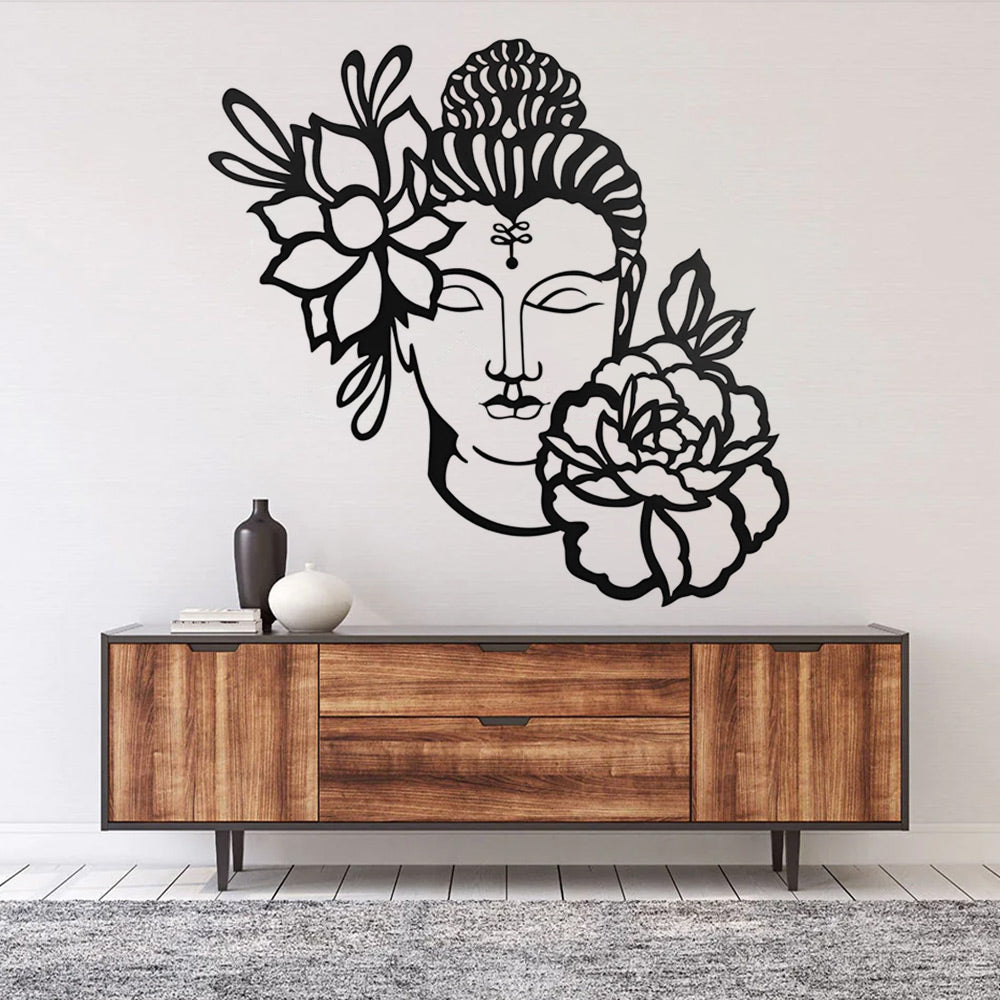 Buddha Statue und Chrysantheme Metall Wandkunst