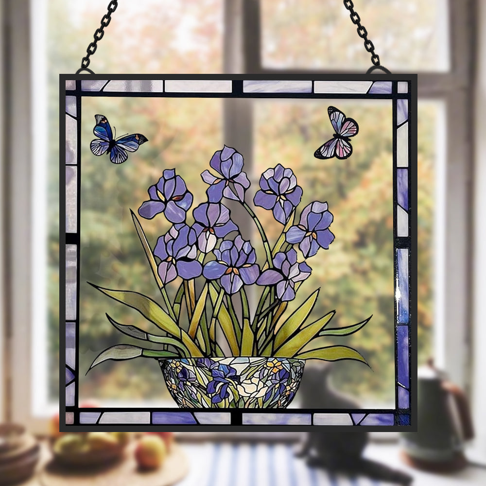 Blaue Iris und Schmetterling Sonnenfänger Gemalte Fensterdekorationen Dekohänger für Fenster