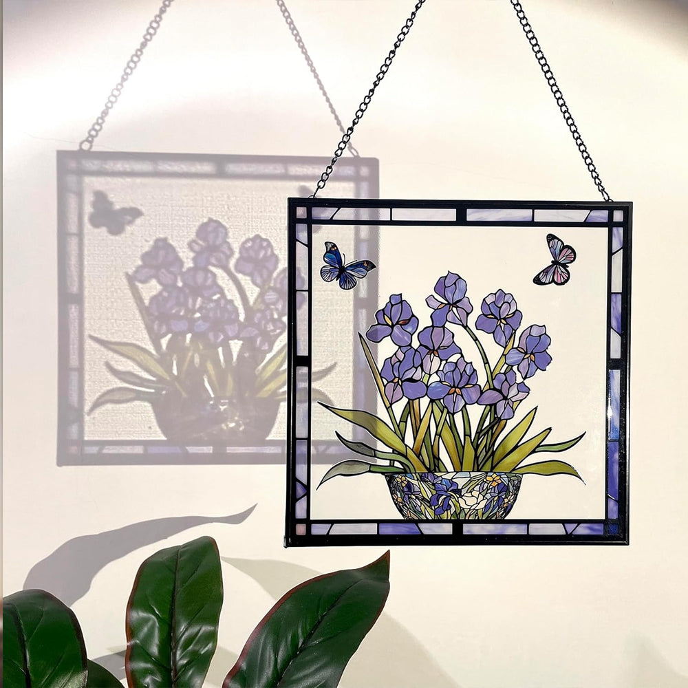 Blaue Iris und Schmetterling Sonnenfänger Gemalte Fensterdekorationen Dekohänger für Fenster