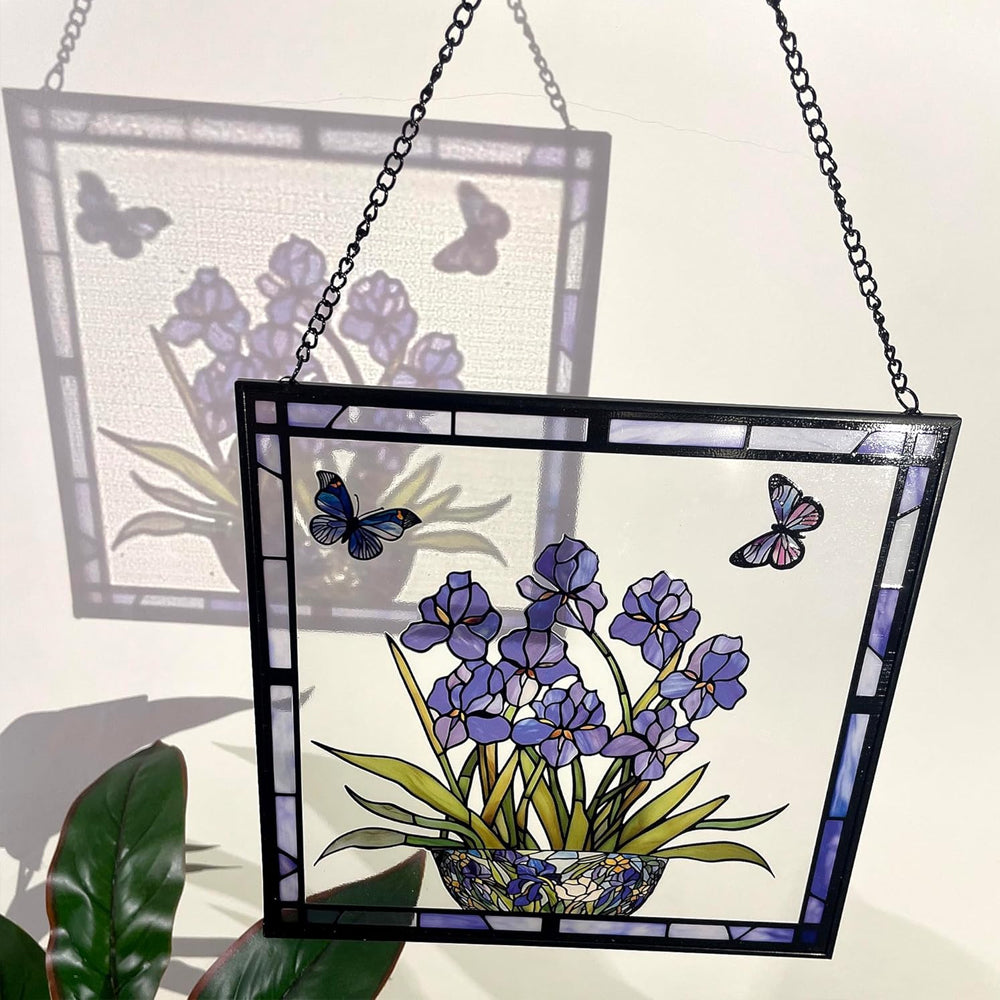 Blaue Iris und Schmetterling Sonnenfänger Gemalte Fensterdekorationen Dekohänger für Fenster