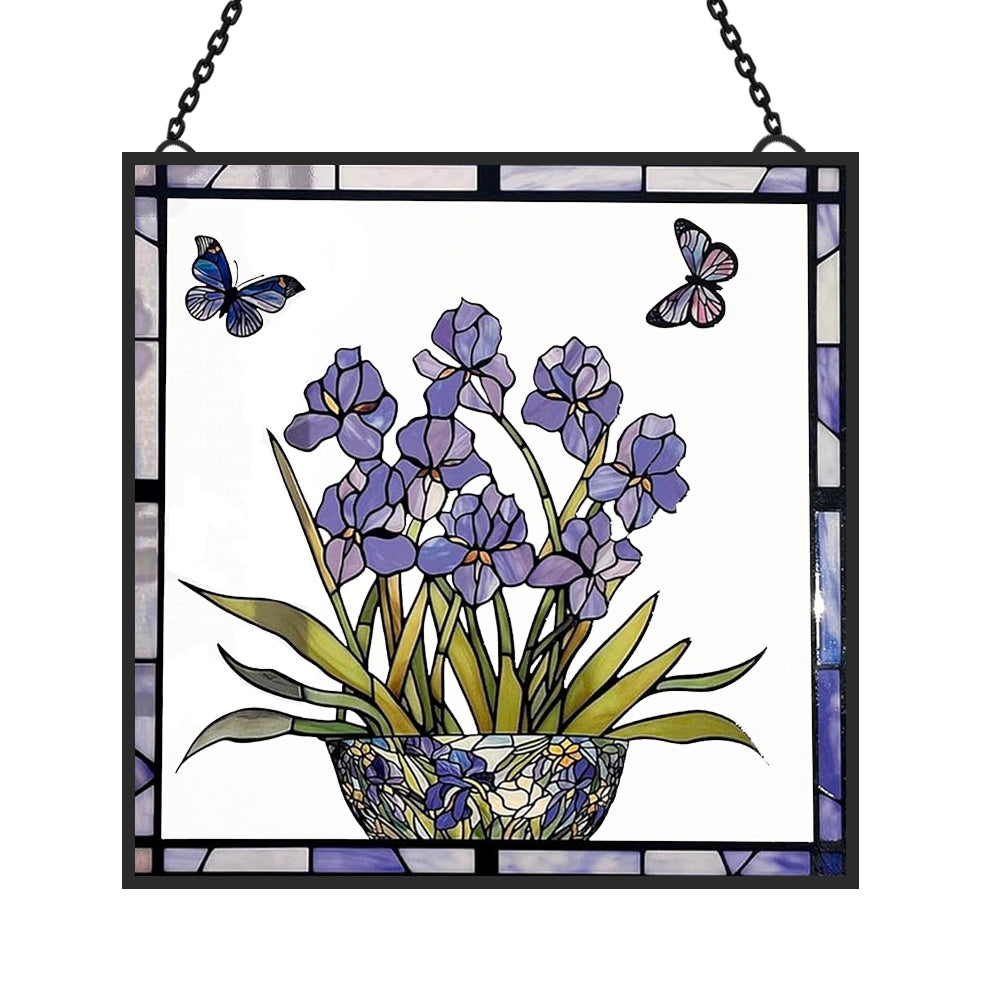 Blaue Iris und Schmetterling Sonnenfänger Gemalte Fensterdekorationen Dekohänger für Fenster