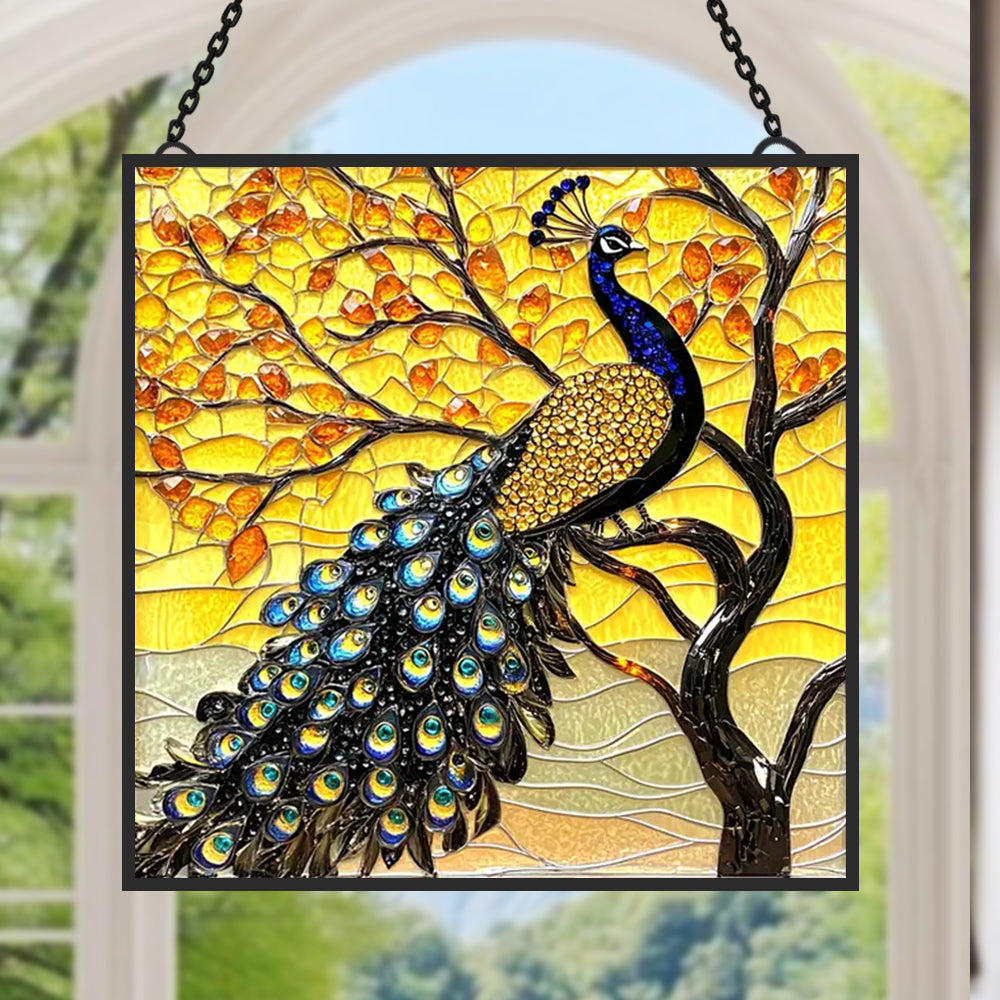 Goldener Pfau Sonnenfänger Gemalte Fensterdekorationen Dekohänger für Fenster