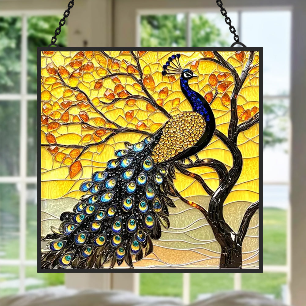Goldener Pfau Sonnenfänger Gemalte Fensterdekorationen Dekohänger für Fenster