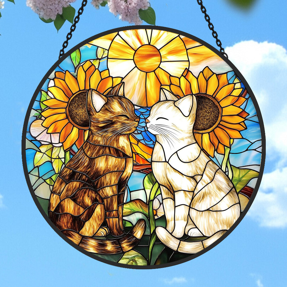 Katze und Blumen Sonnenfänger Gemalte Fensterdekorationen Dekohänger für Fenster