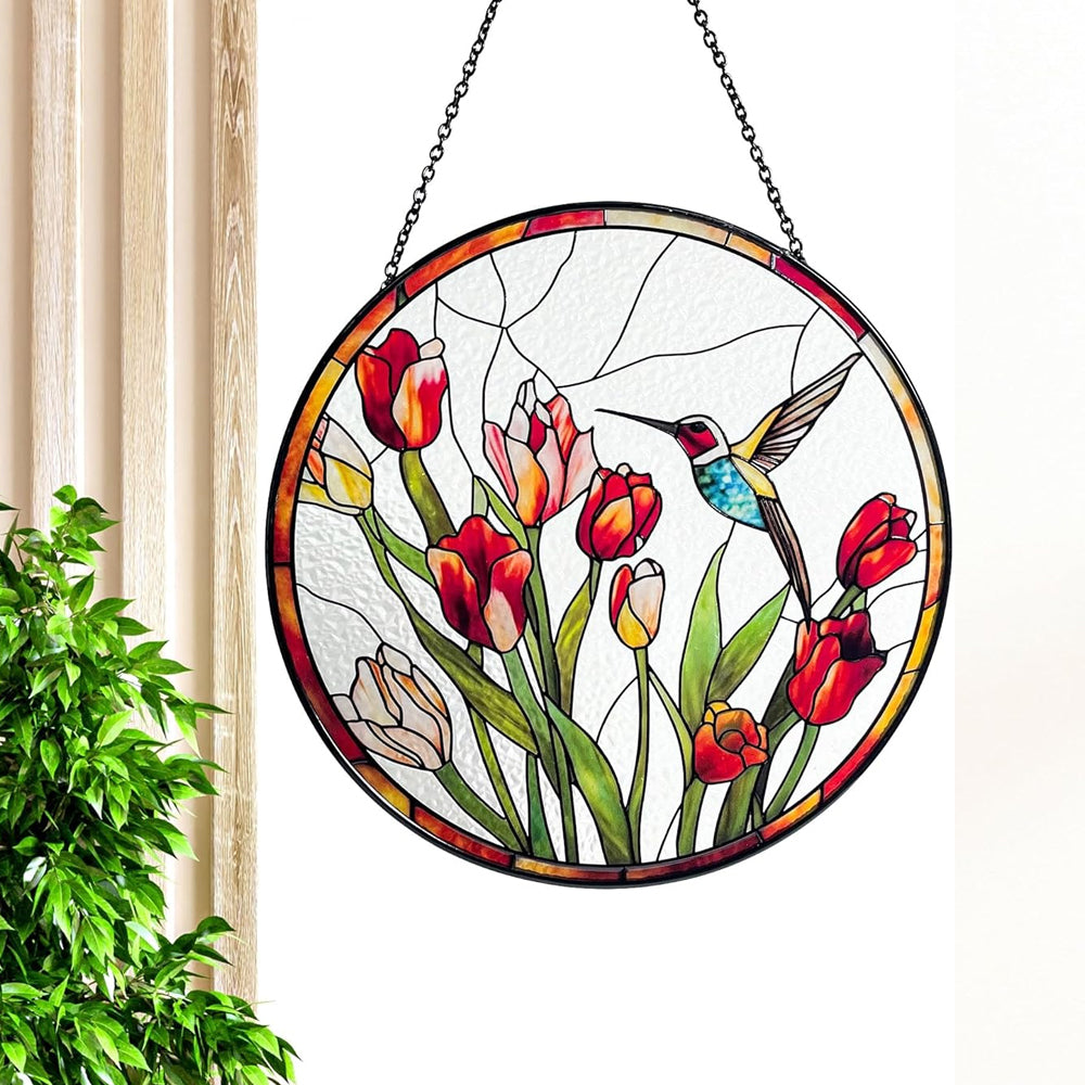 Kolibri und Tulpen Sonnenfänger Gemalte Fensterdekorationen Dekohänger für Fenster