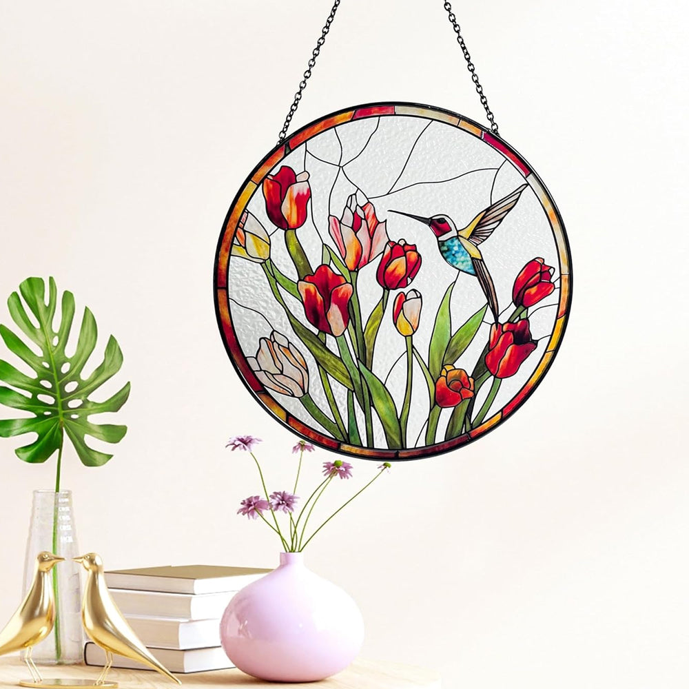Kolibri und Tulpen Sonnenfänger Gemalte Fensterdekorationen Dekohänger für Fenster