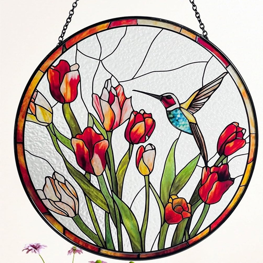 Kolibri und Tulpen Sonnenfänger Gemalte Fensterdekorationen Dekohänger für Fenster