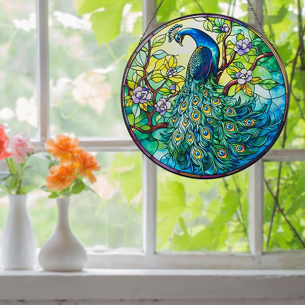 Pfau Sonnenfänger Gemalte Fensterdekorationen Dekohänger für Fenster