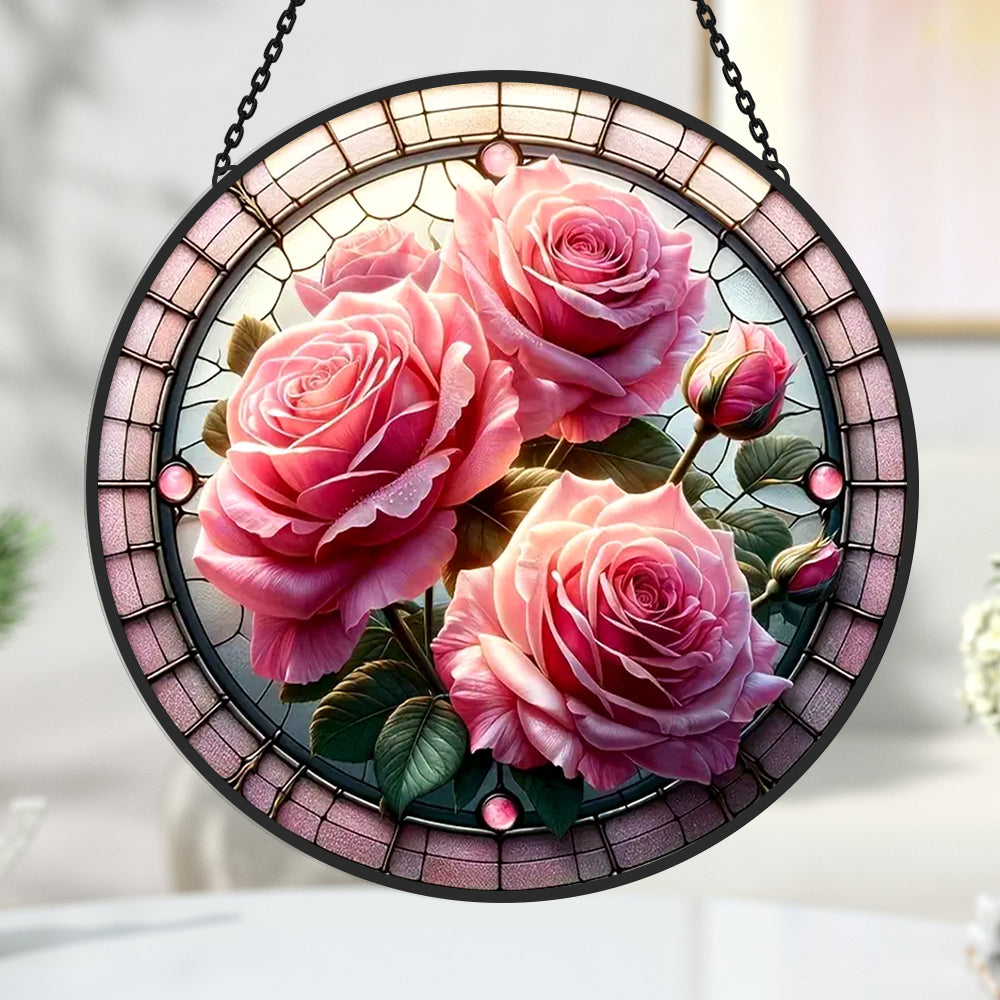 Rosa Rosen Sonnenfänger Gemalte Fensterdekorationen Dekohänger für Fenster