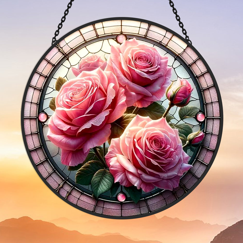Rosa Rosen Sonnenfänger Gemalte Fensterdekorationen Dekohänger für Fenster