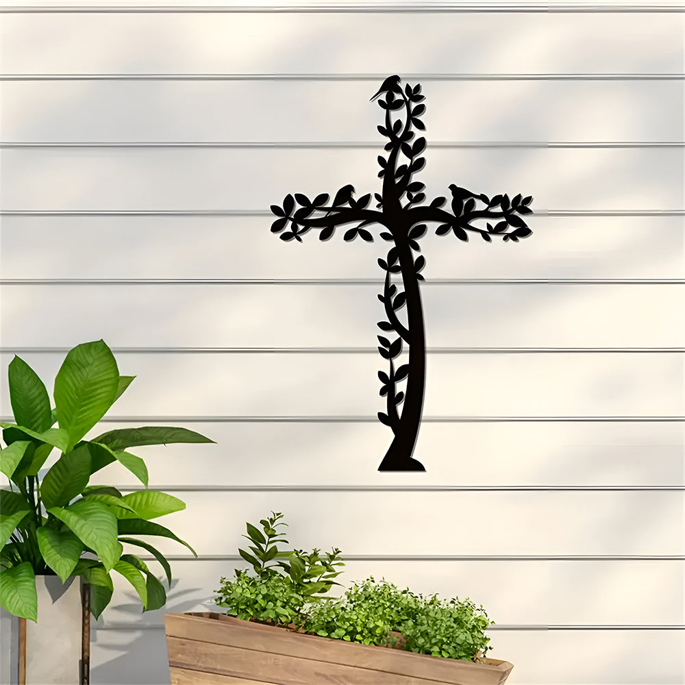 Kreuz Metall Wandkunst Baum und Vögel Lebendiges Kreuz Hängend