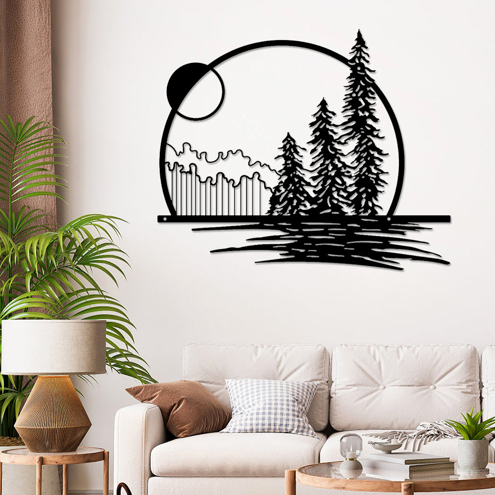 Sonne Mond Berg mit Baum Metall Wandkunst Dekoration