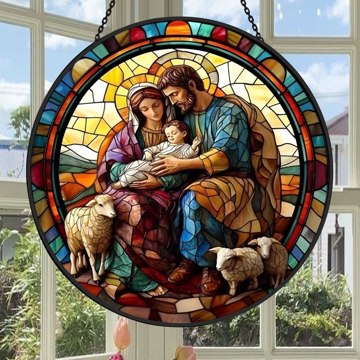 Weihnachtskrippe Sonnenfänger Gemalte Fensterdekorationen Dekohänger für Fenster